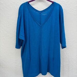 Eileen Fisher Women's L‎ Blue V-Neck 3/4 Sleeve Linen Cotton Blend Top Casual